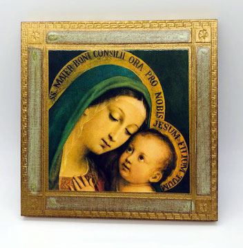 Our Lady of Good Counsel 5.5" Square Plaque from Italy with Gold Leaf