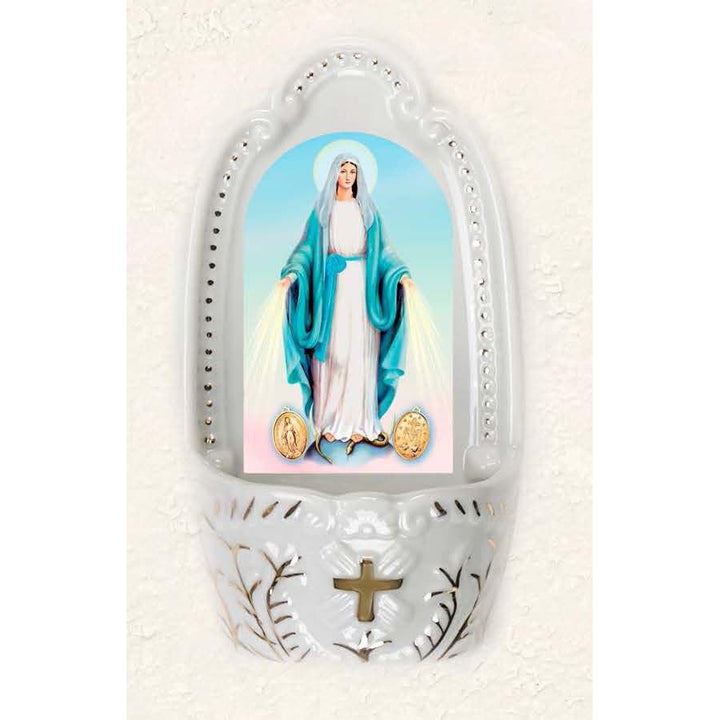 Our Lady of Grace Miraculous Medal 5-1/4 Inch Porcelain Holy Water Font 