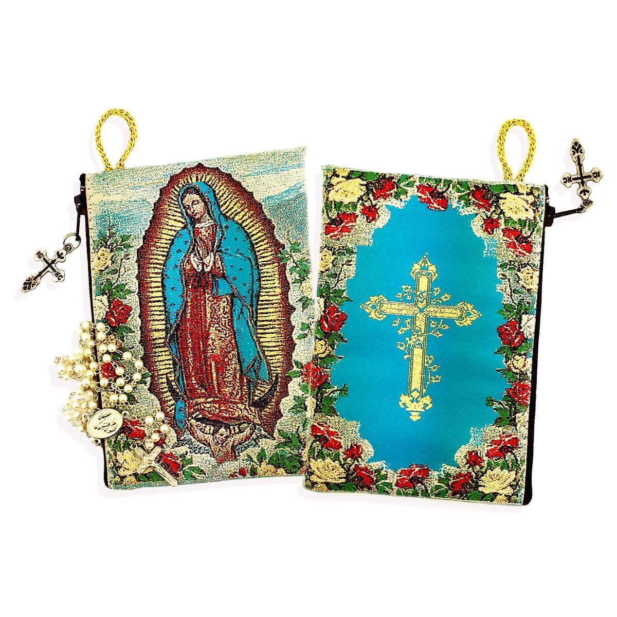Our Lady of Guadalupe / Cross Icon Tapestry Rosary Pouch 5 3/8" x 4"