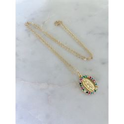 Our Lady of Guadalupe Multi Colored Stone Necklace, 18" Chain