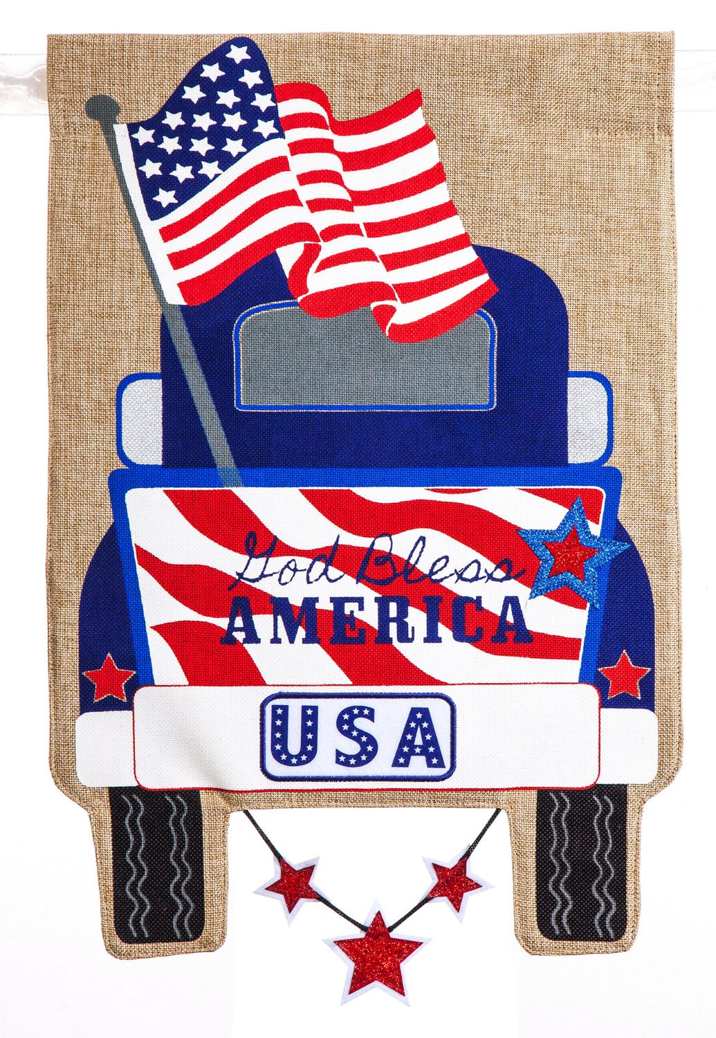 Patriotic Pick-Up Truck Garden Burlap Flag 12" x 18"
