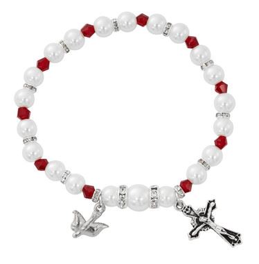 Pearl and Garnet Stretch Bracelet with Holy Spirit and Crucifix Charms
