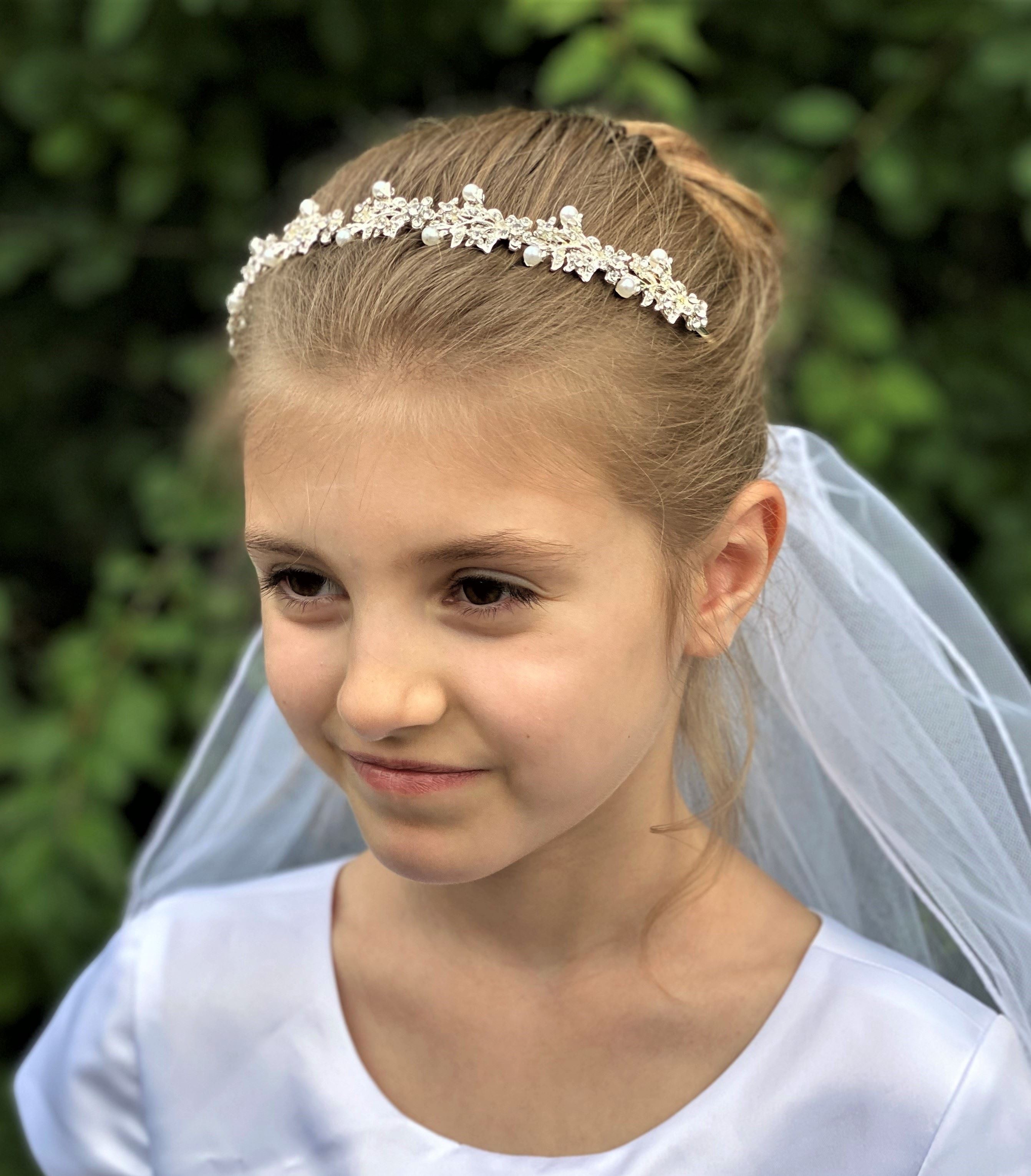 Pearl Flowers and Rhinestone Crown First Communion Veil 
