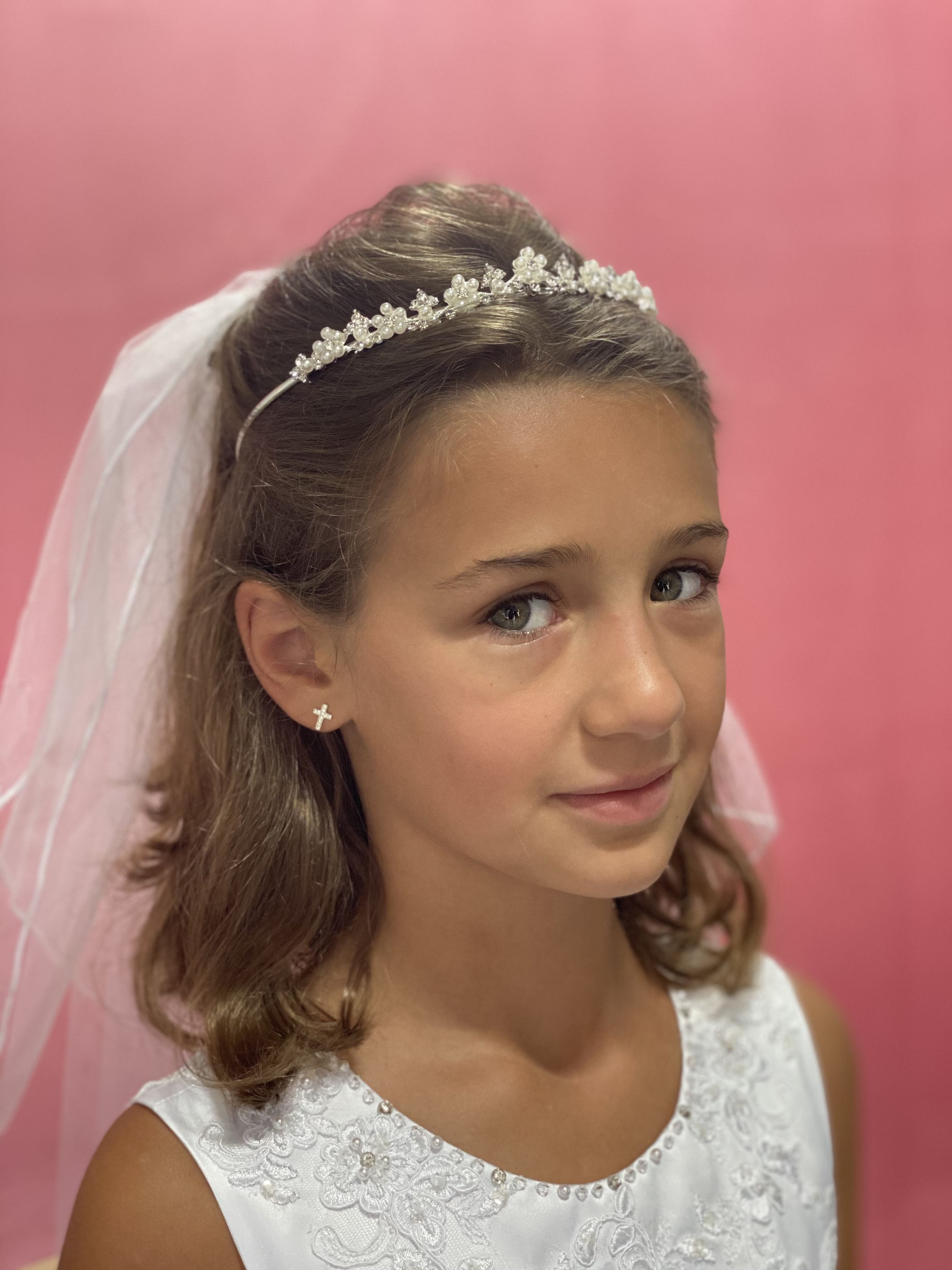 Pearl Flowers and Rhinestone Crown First Communion Veil
