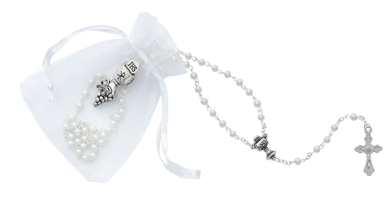 Pearl Rosary and Communion Pin in White Draw String Pouch