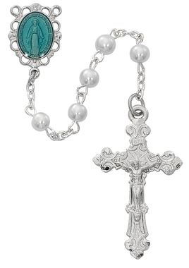 Pearl Rosary with Blue Enamel Miraculous Centerpiece