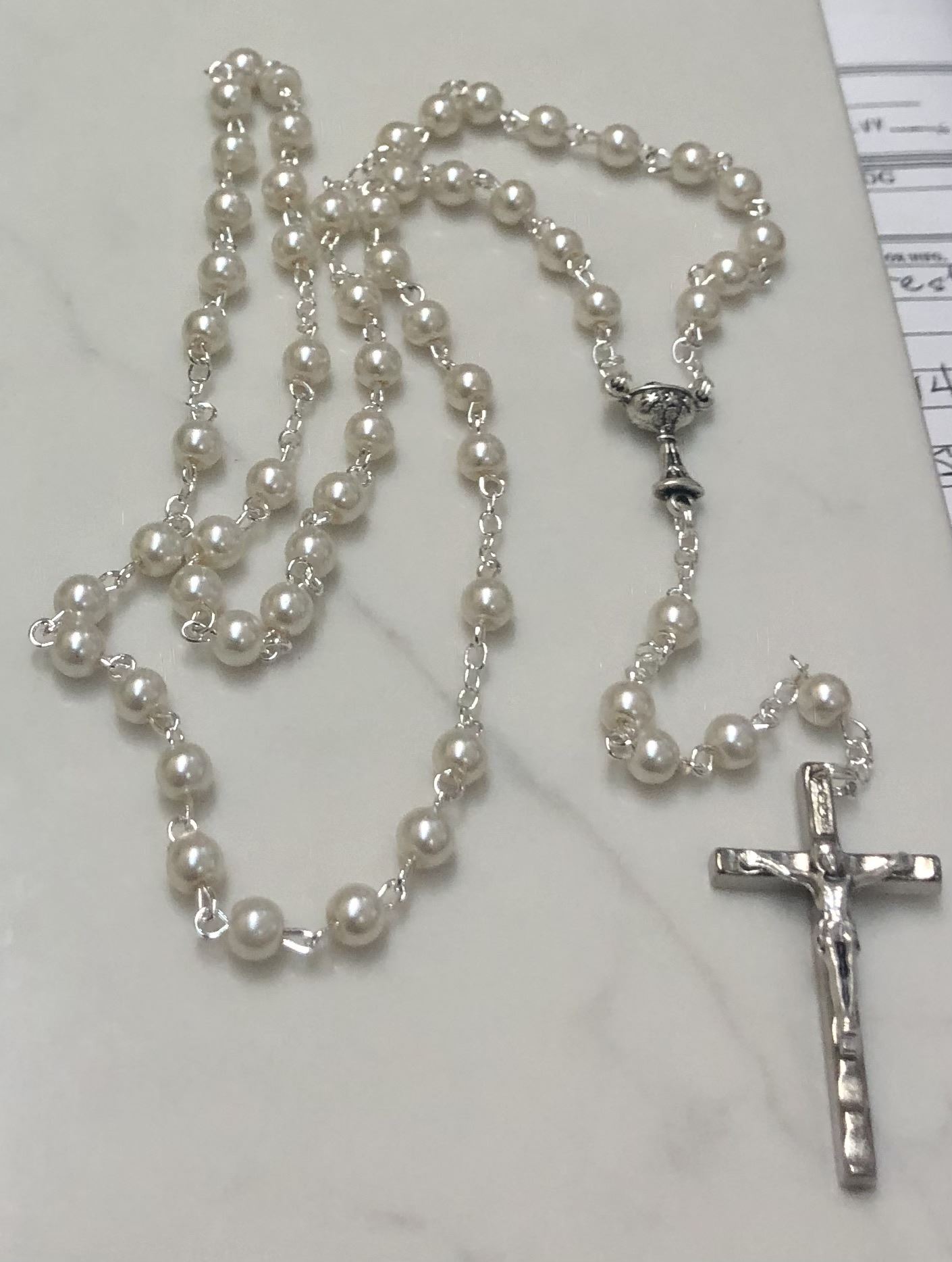 Pearl Rosary with First Communion Chalice Centerpiece from Italy