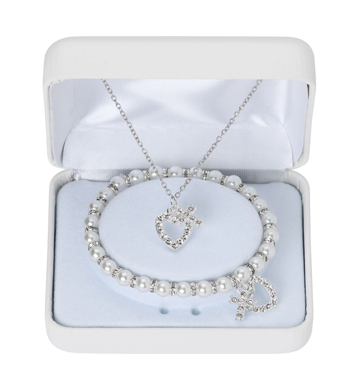Pearl and Crystal Stretch Bracelet with Crystal Cross & Heart Pendant Gift Set