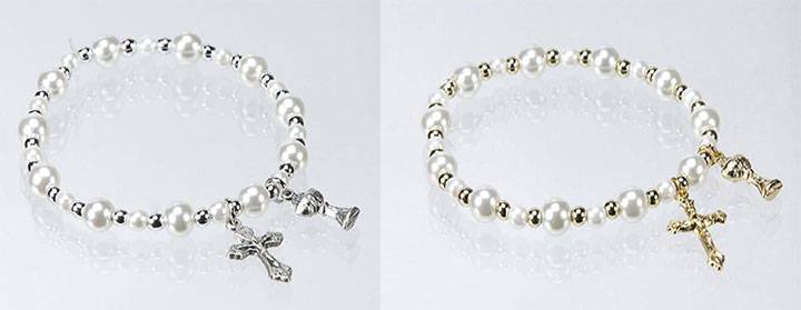 Pearl and Metal Bead Communion Stretch Bracelet