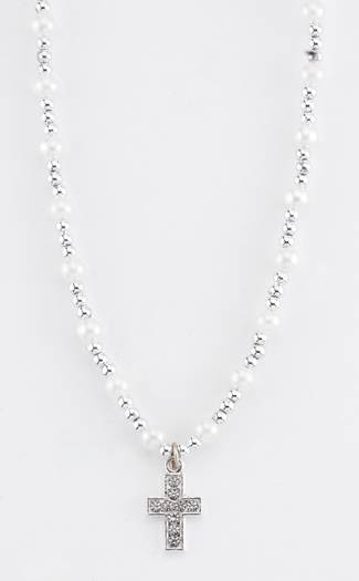 6mm White Pearl Bead Necklace with Silver Beads. 16"