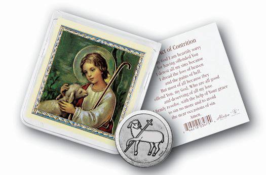 Penance Pocket Coin with Gold Stamped Holy Card.  Packaged in a Clear Soft Pouch 3" x 3"