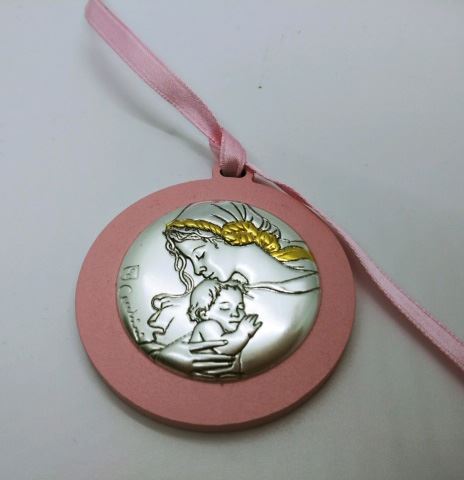 Pink Baby Crib Medal with Madonna and Child, Made in Italy Crib medal 2 1/4" round  ?Made in Italy, Gift Boxed