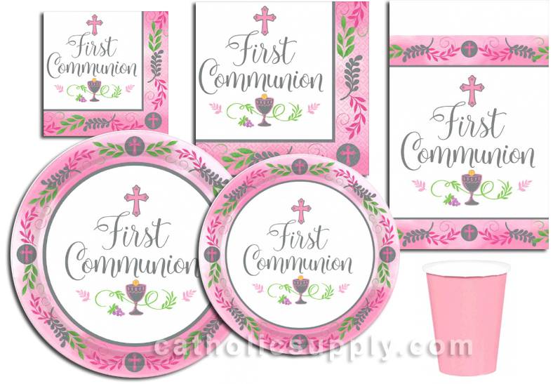 Pink First Communion Paper Plates, Napkins, & More