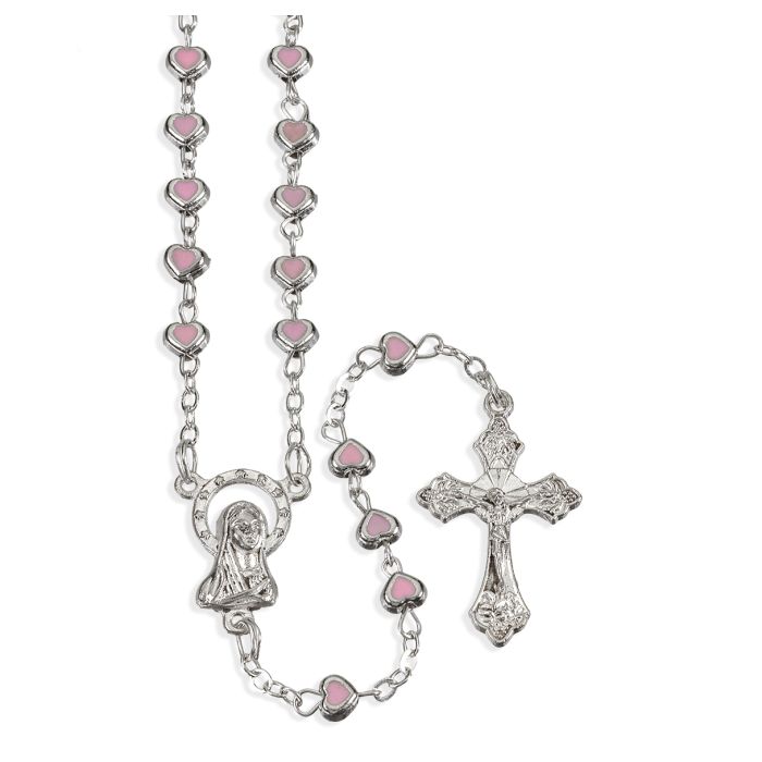 4mm Pink Colored Heart Shape Rosary in Heart Shaped Box 15 1/4"