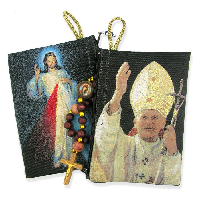 Pope John Paul II and Divine Mercy Tapestry Rosary Pouch 5-3/8" x 4"