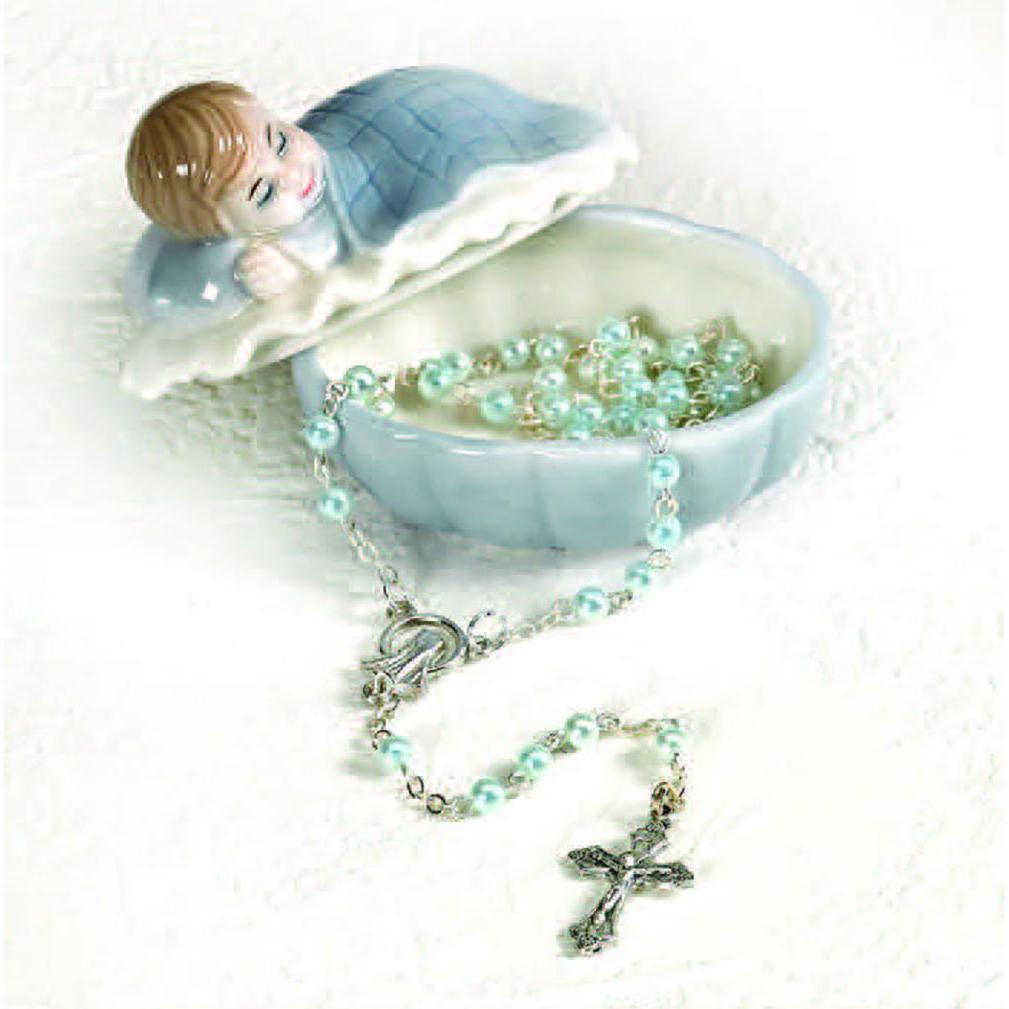 Sleeping Baby Boy Porcelain Keepsake Box  includes baby rosary with 4mm blue imitation pearl beads