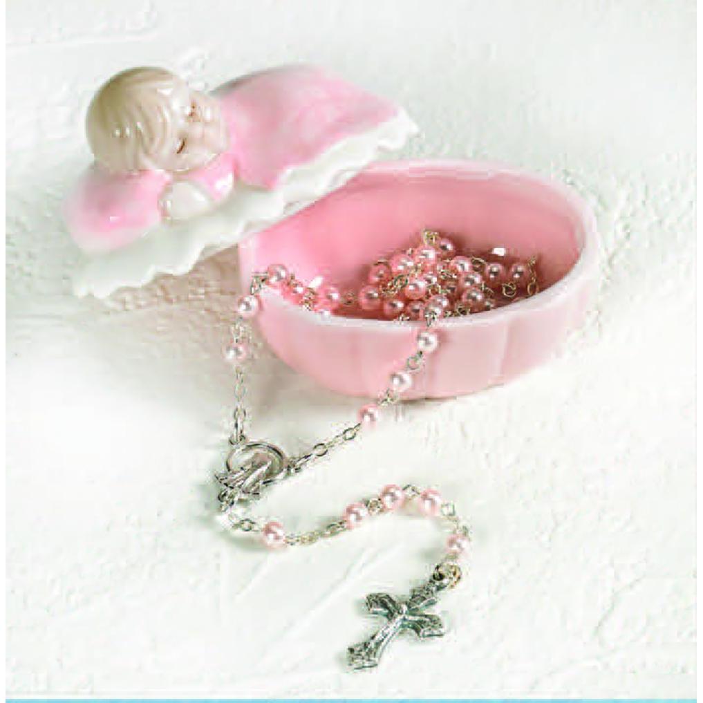 Sleeping Baby Girl Porcelain Keepsake Box  includes baby rosary with 4mm pink imitation pearl beads