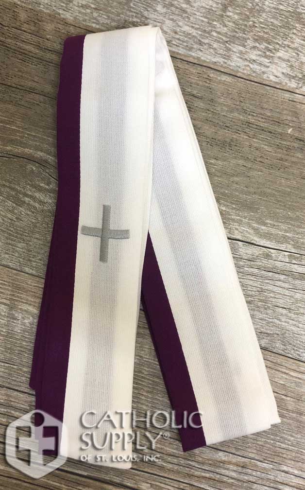 Purple and White Confessional Stole with Hand Embroidered Cross