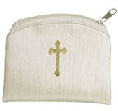 Beige Raw Silk Gold Stamped 3"X4" Rosary Case with Zipper