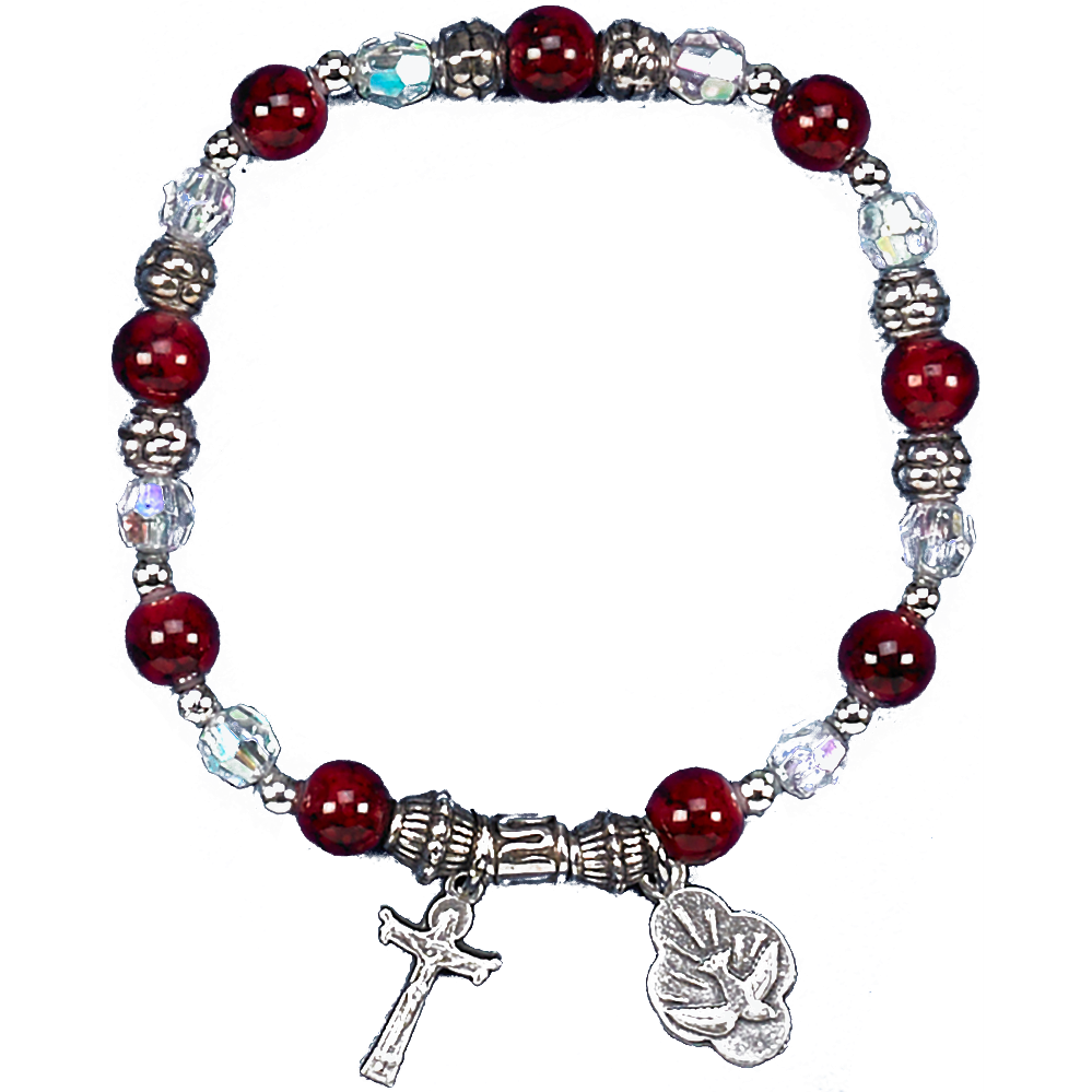 Red Stretch Bracelet with Silver Tone Confirmation Charm and Crucifix
