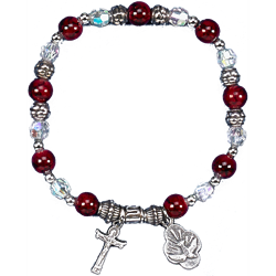 Red Stretch Bracelet with Silver Tone Confirmation Charm and Crucifix