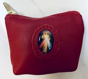Red Divine Mercy Italian Leather Zipper Rosary Case