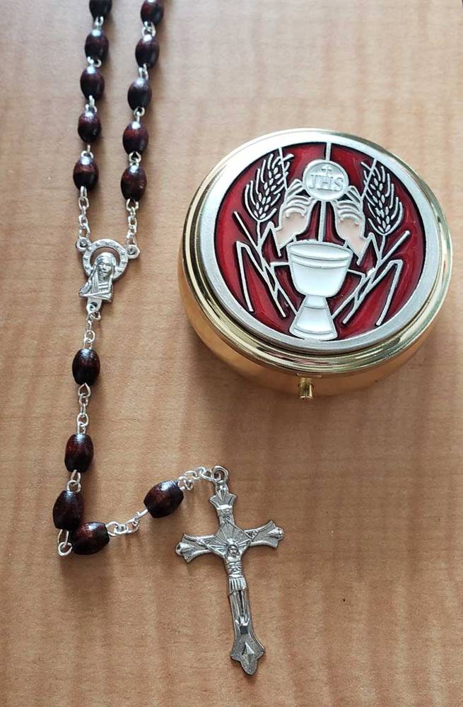 Red Enamel First Communion Keepsake Box with Wood Rosary