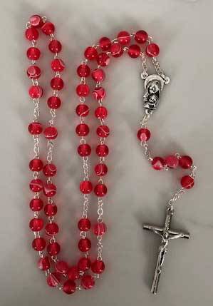 Red Rosary Round Glass Bead 6 Mm Marble-Like In Clear Box 