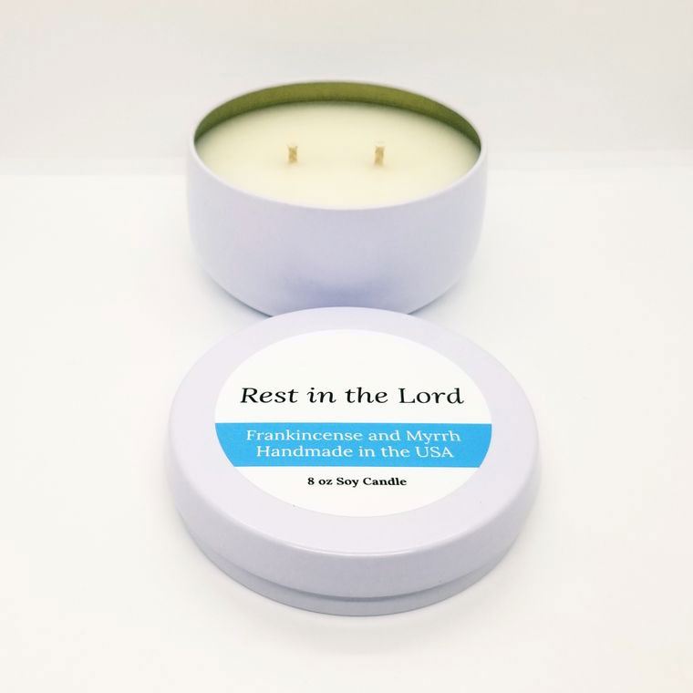 Rest in the Lord Frankincense and Myrrh 8oz. Candle Tin