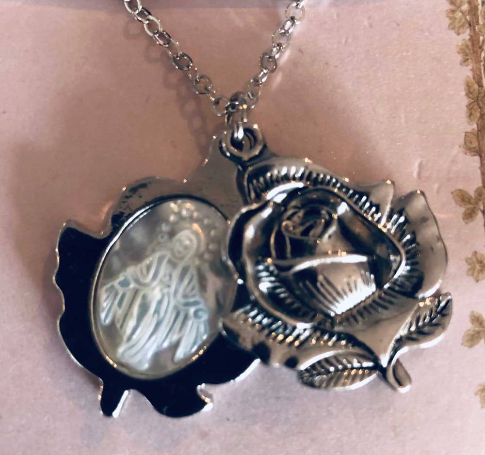 Rosebud Our Lady of Grace Locket Necklace, Silver