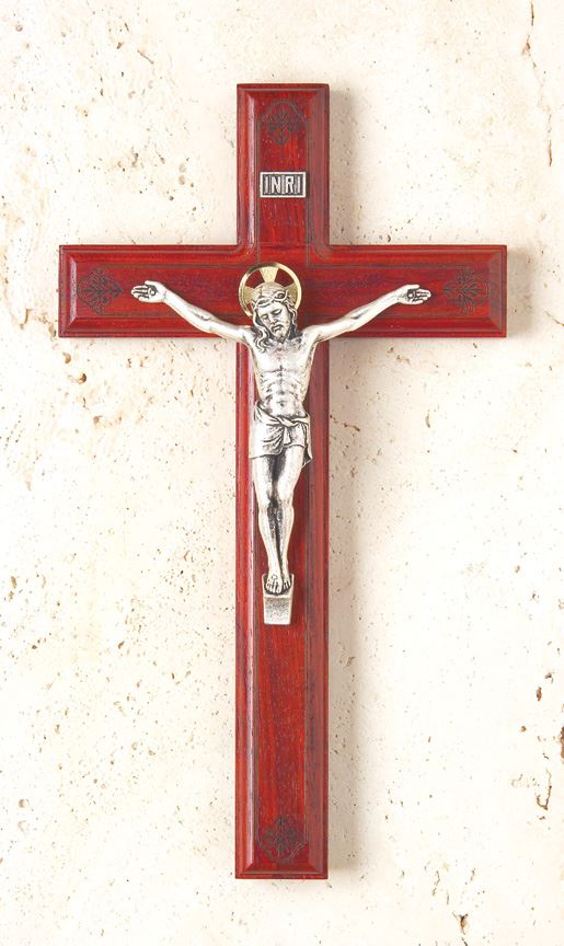 Rosewood Wall Crucifix with Laser Engraved Pattern on Wood  Rosewood crucifix with Salerni corpus and laser engraving, 11? tall, gift boxed.