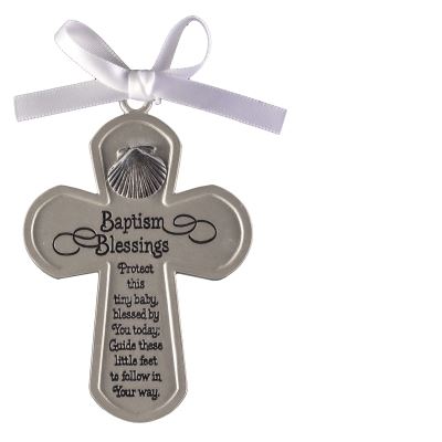 Baptism Blessings Crib Cross with Shell and White Ribbon