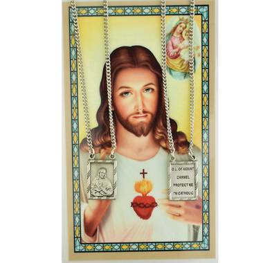 Sacred Heart Our Lady of Mount Carmel Pewter Scapular Prayer Card Set