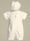 Samuel Cotton Christening Romper with Embroidered Silver Cross and Hat