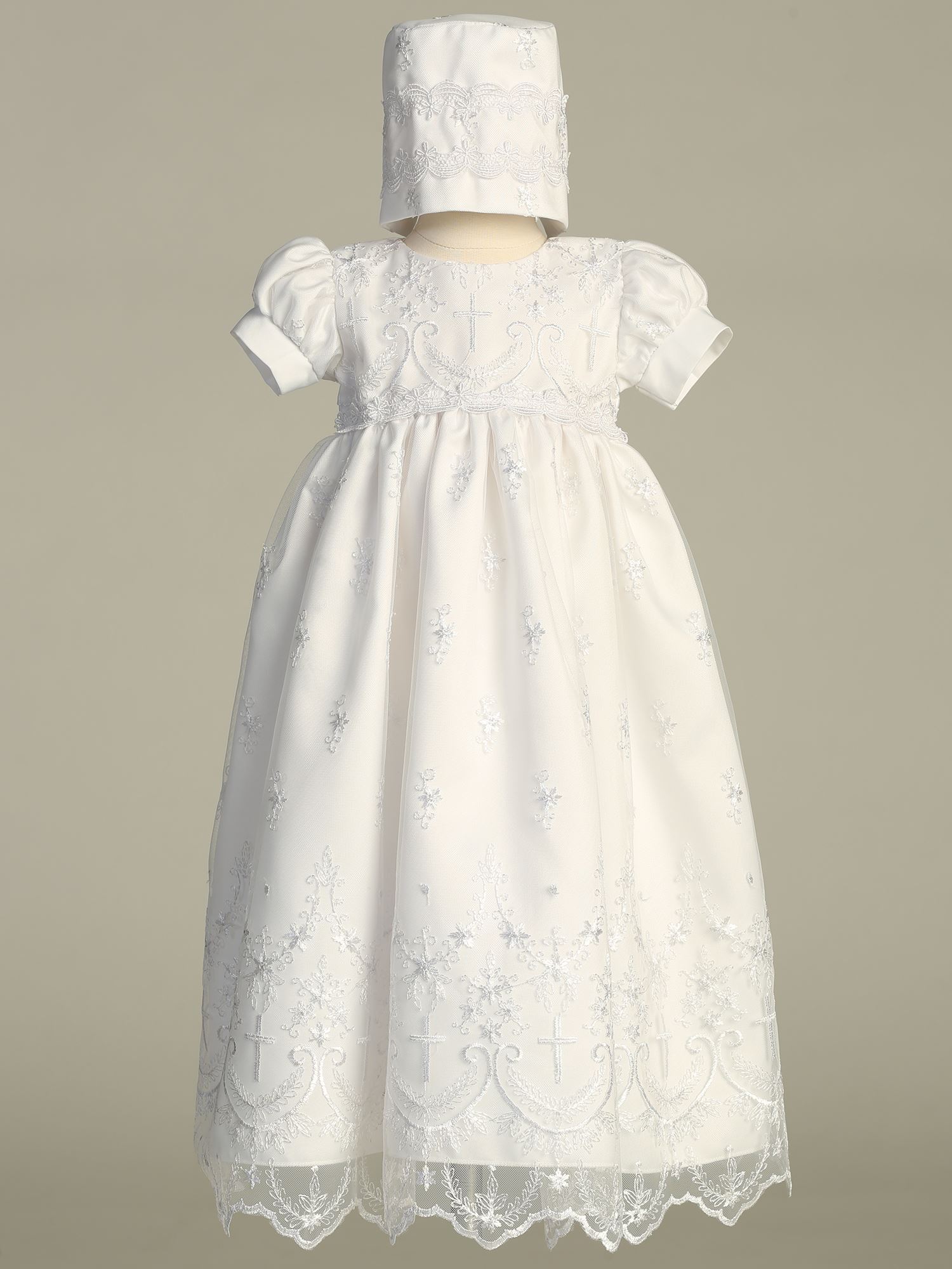 Savannah Embroidered Tulle Christening Gown with Crosses and Bonnet