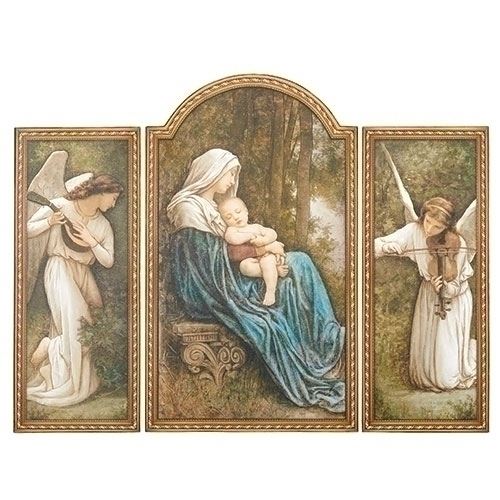 Seated Madonna with Child and Angels 3pc Triptych 20" Wall Decor