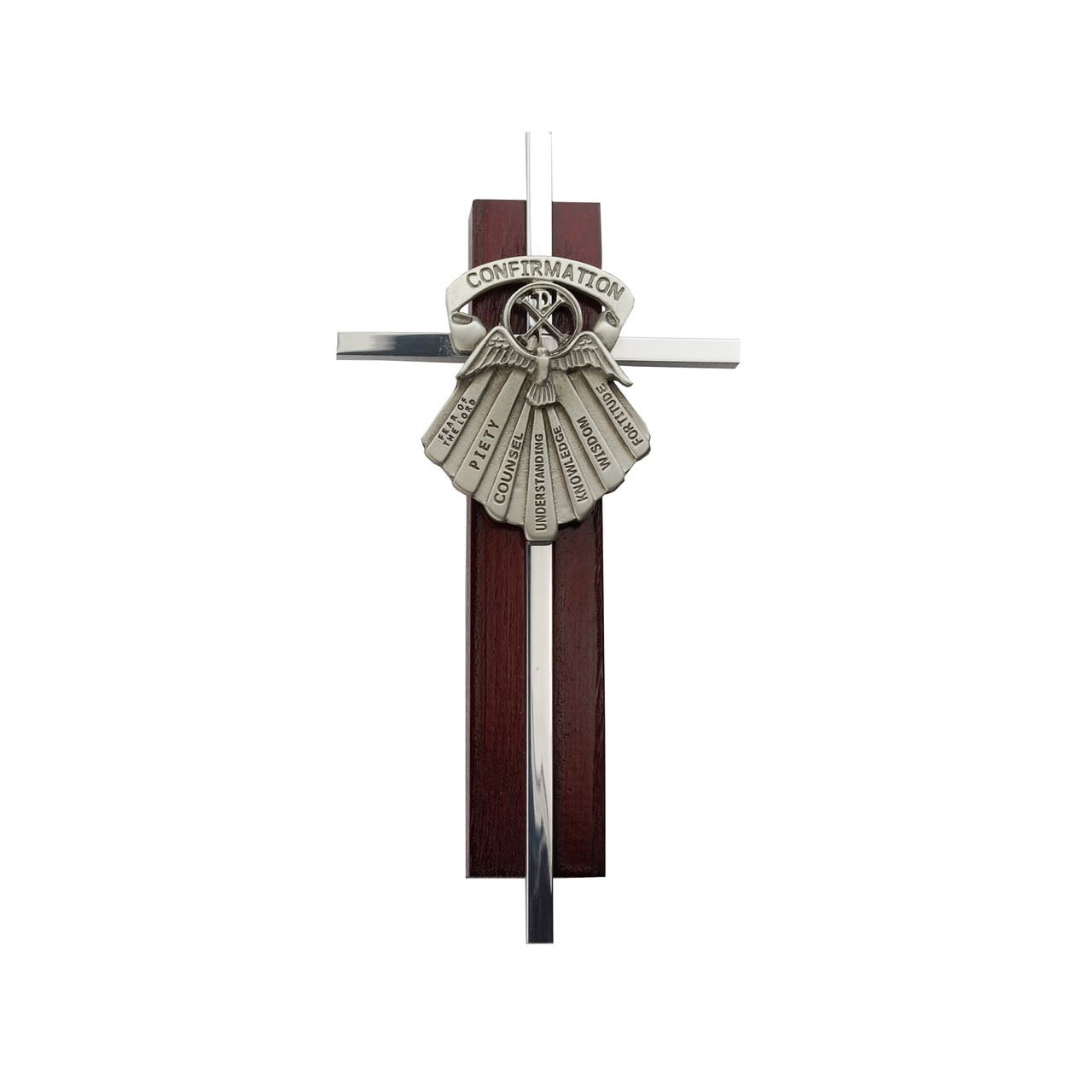 Silver 6" Gifts of the Spirit Cross on Cherry Wood