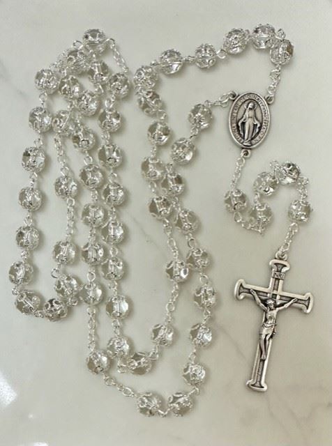 Silver Capped Crystal Bead Rosary From Italy 9198