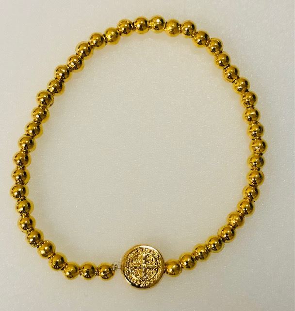 Simple Gold Bead St. Benedict Bead Bracelet with 1 Medal