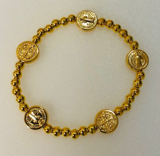 Simple Gold Bead St. Benedict Bead Bracelet with 5 Medals