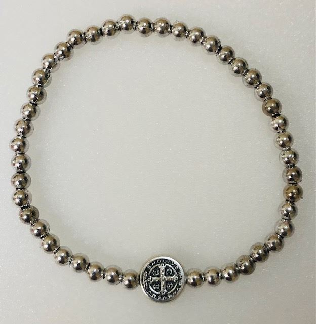 Simple Silver Bead St. Benedict Bead Bracelet with 1 Medal