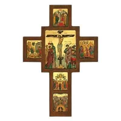 Six Panel Icon Crucifix Square Crucifixion in Center 14.7 Inch Wood Wall Cross