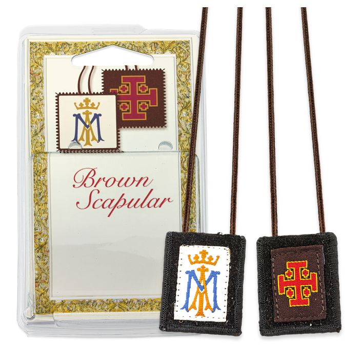 Small Wool Symbol Scapular Packaged ?Ave Maria monogram and New Jerusalem Cross Symbols