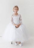 Sophia First Communion Dress Long Sleeve Illusion Neckline dress with Lace Applique, Tulle Skirt