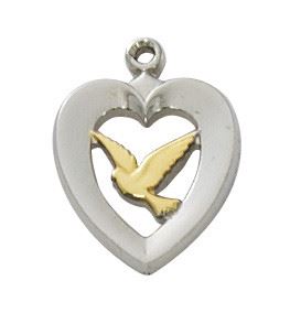 Sterling Silver Two Tone Heart with Dove Medal on 18" Chain Gift Boxed 