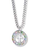 Sterling Silver Circle Cross Necklace with Multi-Colored Stones on 18" Chain