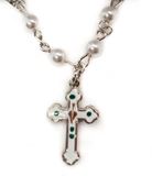 Enameled Silver Cross On 18" Chain with White Beads