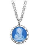 Light Blue Sterling Silver Madonna and Child Cameo Miraculous Medal on 24" Chain