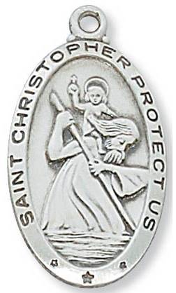 St. Christopher Oval Sterling Silver Medal on 24" Chain