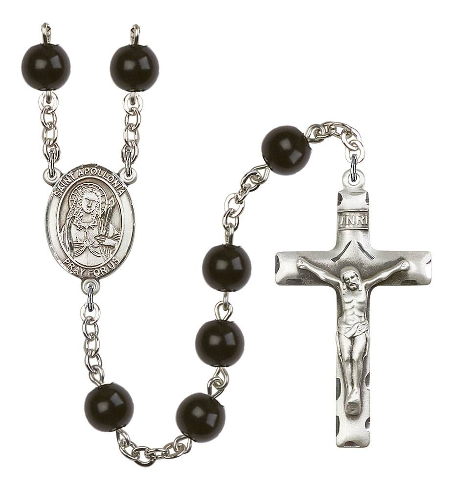 Black agate and crystal bracelet with your choice of Catholic saint and crucifix